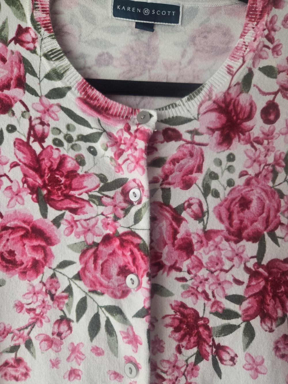 Karen Scott White Cardigan with Pink Floral Border-Size X Large - Picture 4 of 11